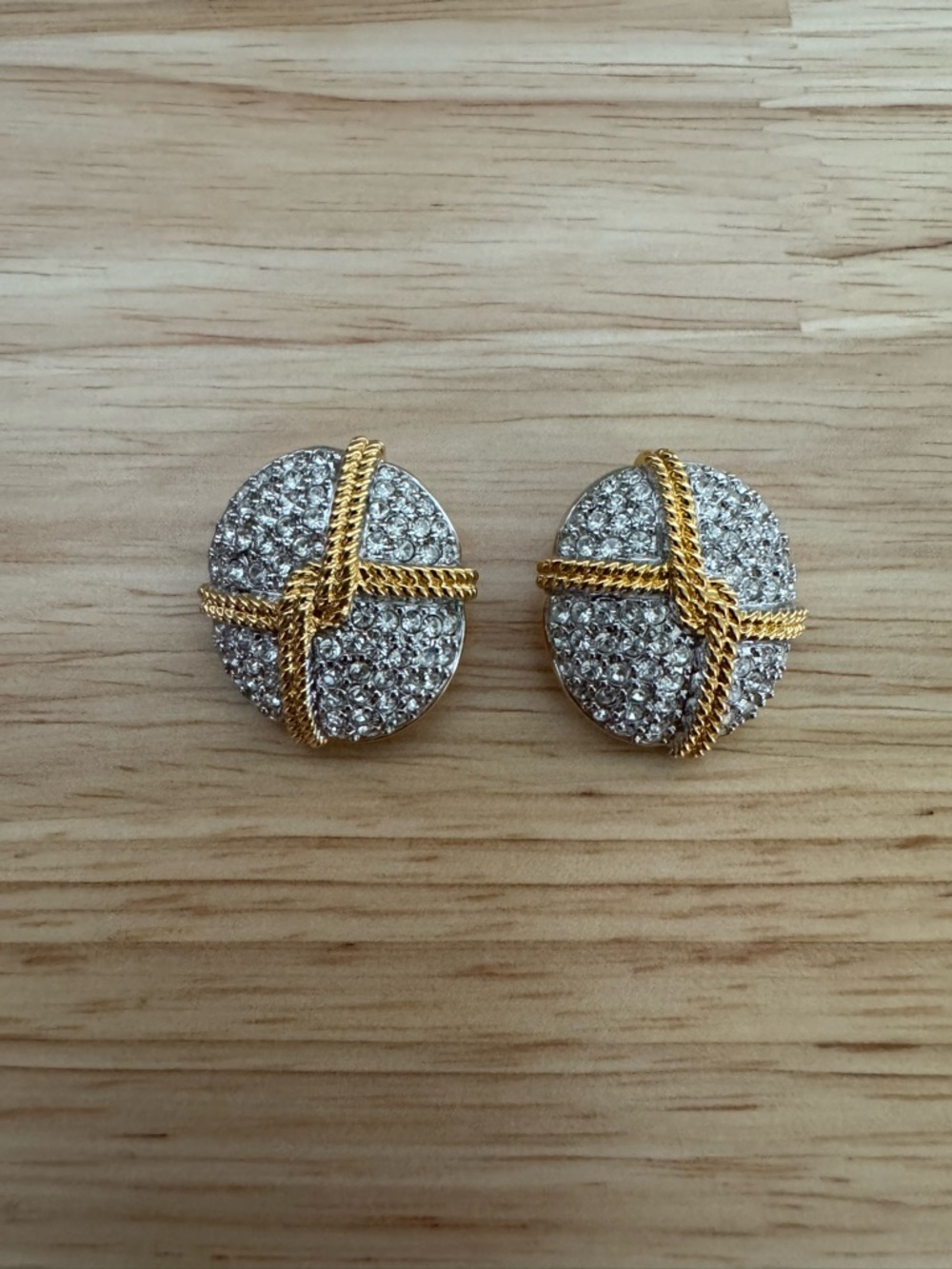 Swarovski Vintage Gold & Silver Pave Crystal Clip On Earrings